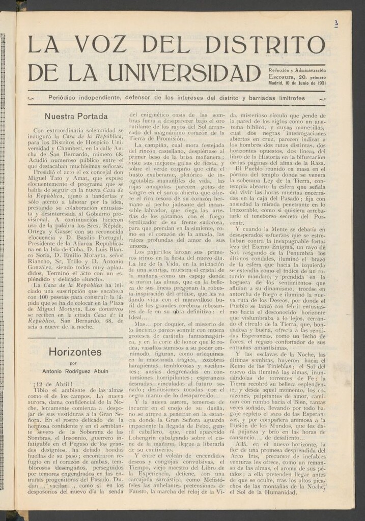 Miniatura de La Voz del Distrito de la Universidad : Periódico Independiente, defensor de los intereses del distrito y barriadas limítrofes