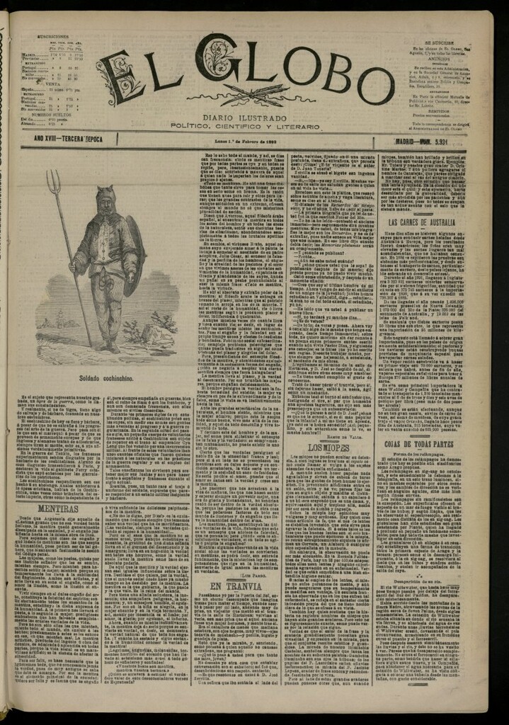 Miniatura de El Globo : diario ilustrado del 1 de febrero de 1892, nº 5931