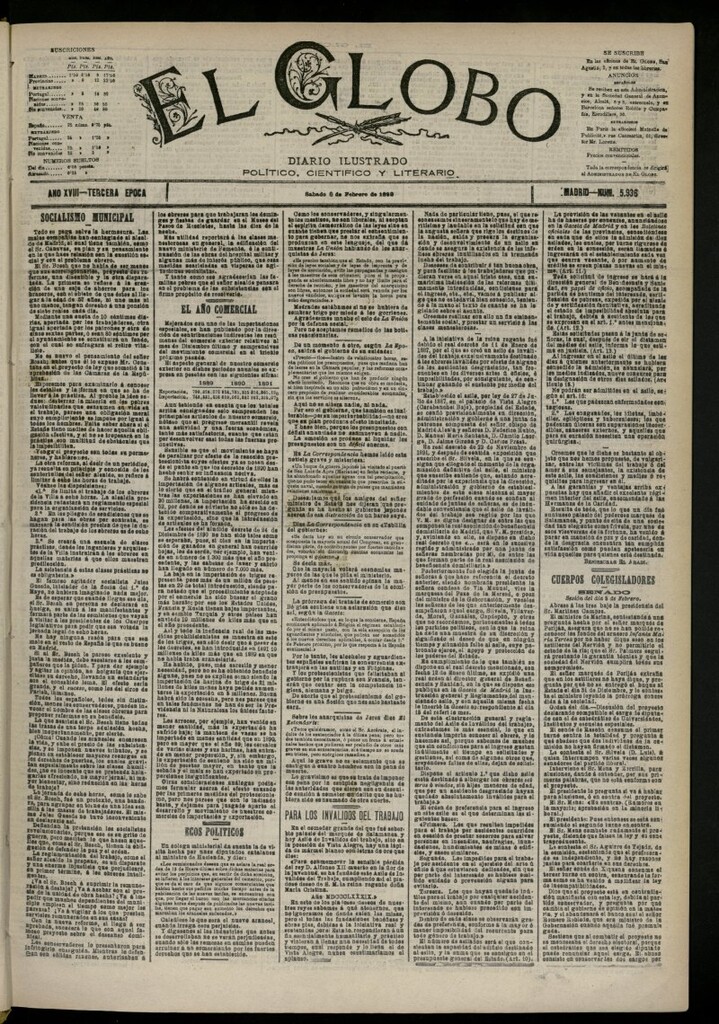 Miniatura de El Globo : diario ilustrado del 6 de febrero de 1892, nº 5936
