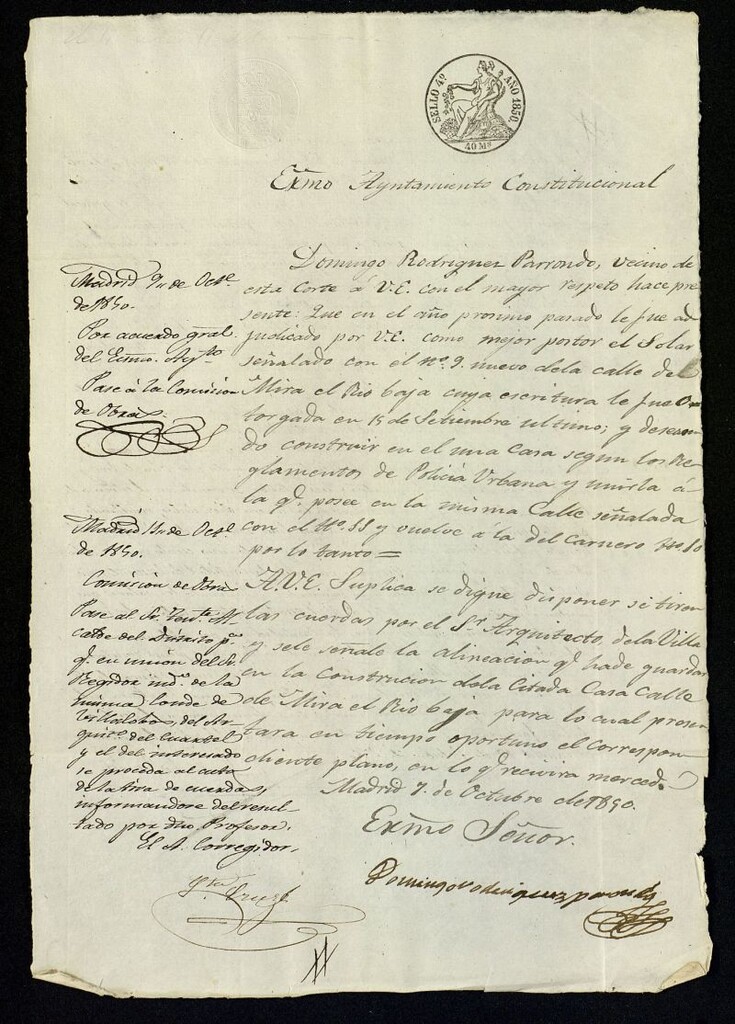 Miniatura de Don Domingo Rodríguez Parrondo dueño de un solar señalado con el nº 9 nuevo de la calle de Mira el Río Baja, solicita permiso para construir una casa