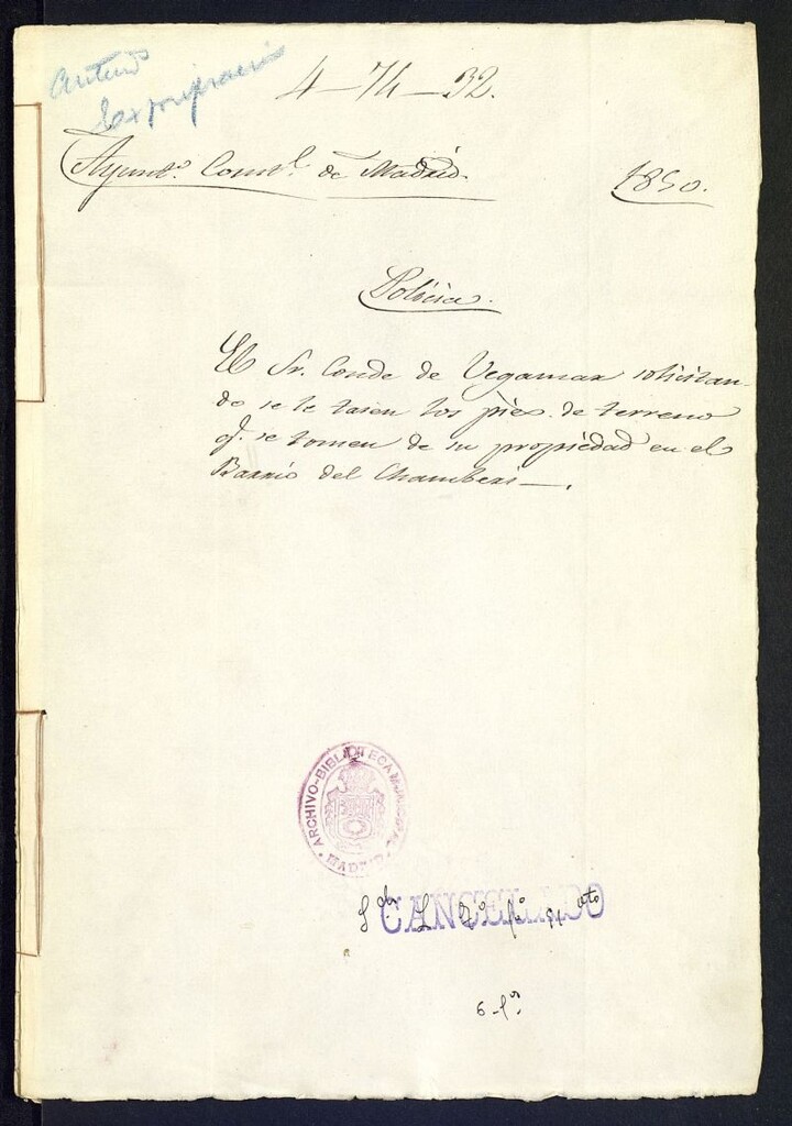 Miniatura de El Sr. Conde de Vergara, solicitando la tira de cuerdas y alineación de un terreno propiedad del que recurre, sito en el barrio de Chamberí, paseo de la Habana, actual calle de Eloy Gonzalo