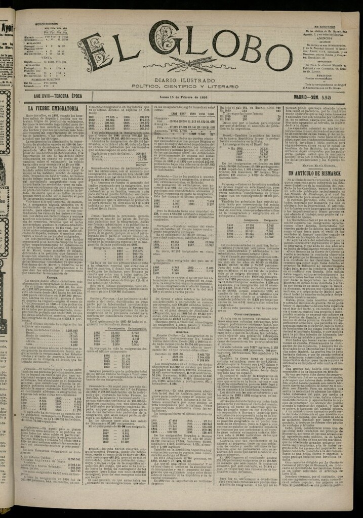 Miniatura de El Globo : diario ilustrado del 15 de febrero de 1892, nº 5945