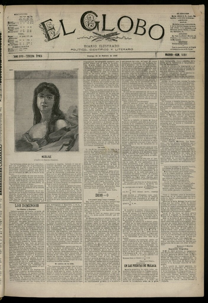 Miniatura de El Globo : diario ilustrado del 21 de febrero de 1892, nº 5951