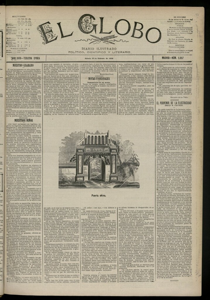 Miniatura de El Globo : diario ilustrado del 27 de febrero de 1892, nº 5957