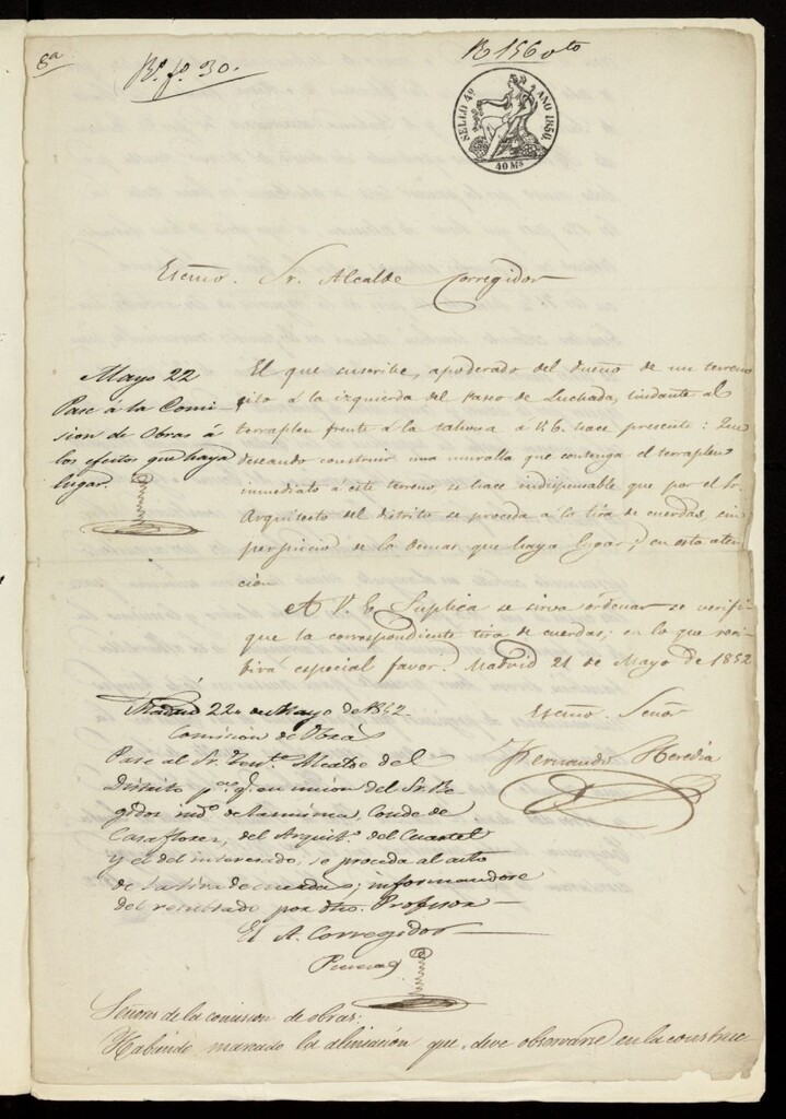 Miniatura de Licencia solicitada por Don Fernando Heredia, apoderado del dueño de un terreno sito a la izquierda del Paseo de Luchana, lindante al terraplén frente a la tahona, para construir un murallón que contenga el terraplén referido