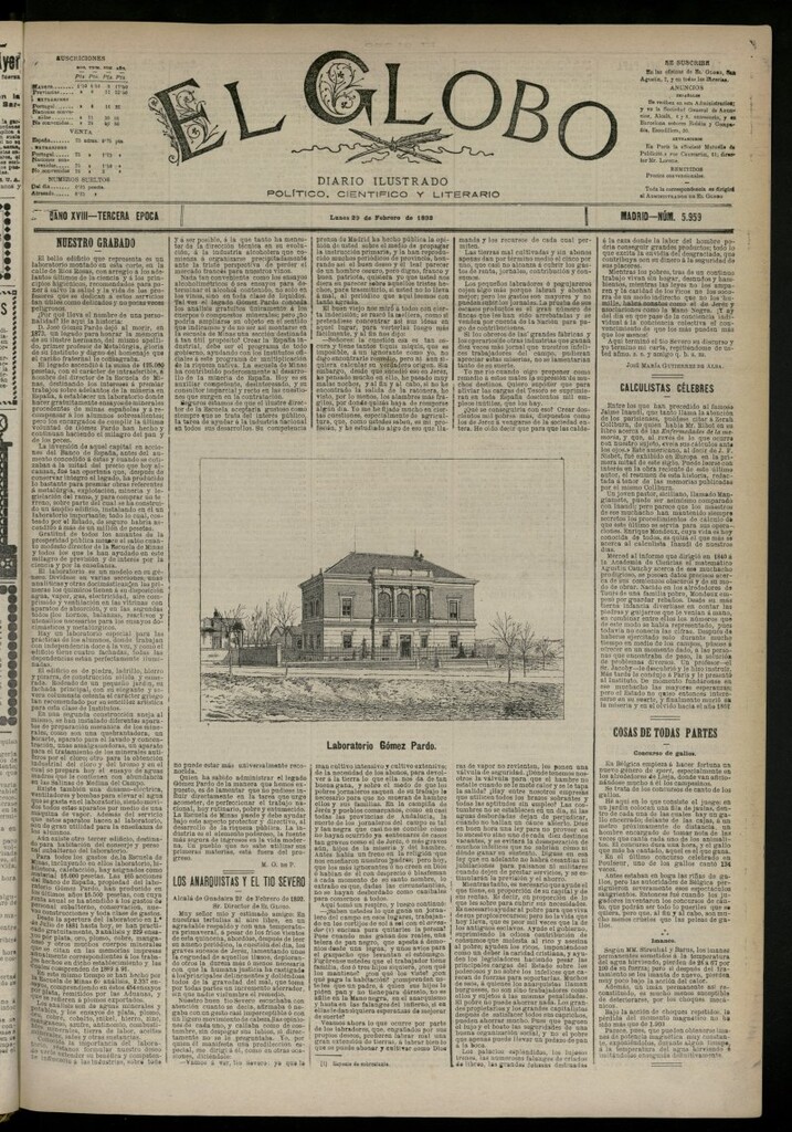 Miniatura de El Globo : diario ilustrado del 29 de febrero de 1892, nº 5959