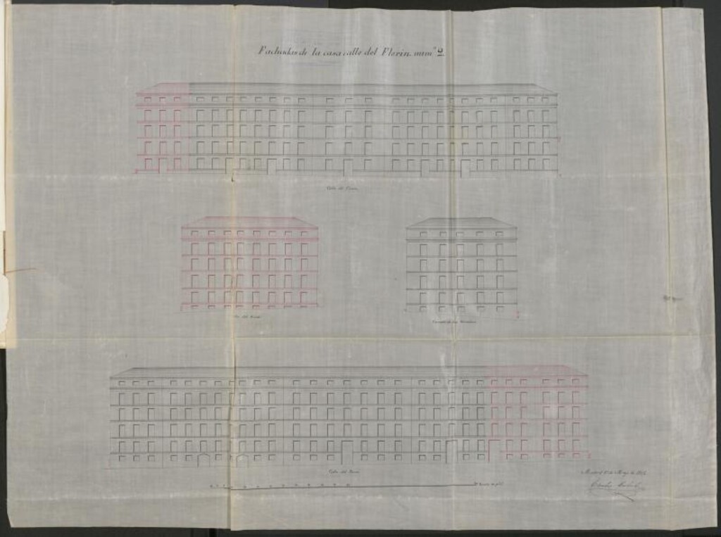 Miniatura de D. Vicente Blanco en nombre de los Sres. D. Luis y D. Rafael Bertrán de Lis, para construir de nueva planta en los solares que componen la manzana 270 con fachada a las calle de Florín, Sordo, Turco y Plazuela de las Cortes.