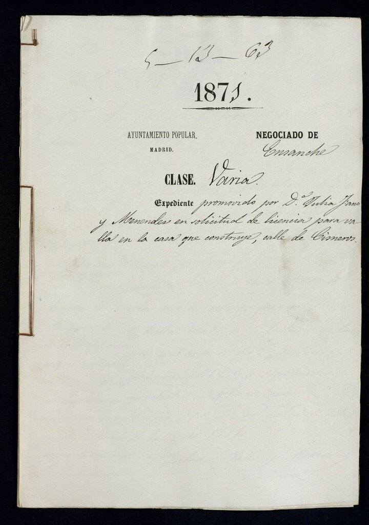 Miniatura de Dª Julia Jano y Menéndez, en solicitud de licencia para valla en la casa que construye, calle de Cisneros.