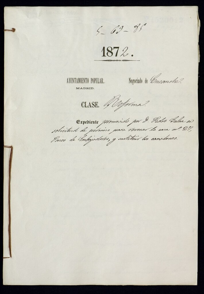 Miniatura de D. Pedro Sala, solicitud de permiso para revocar la casa nº 27, Paseo de Embajadores, y sustituir los canalones.