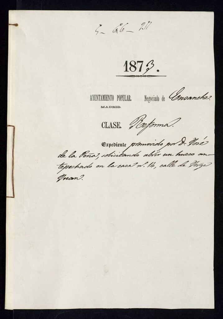 Miniatura de D. José de la Peña, solicitando abrir un hueco conantechado en la casa nº 14, calle de Jorge Juan.