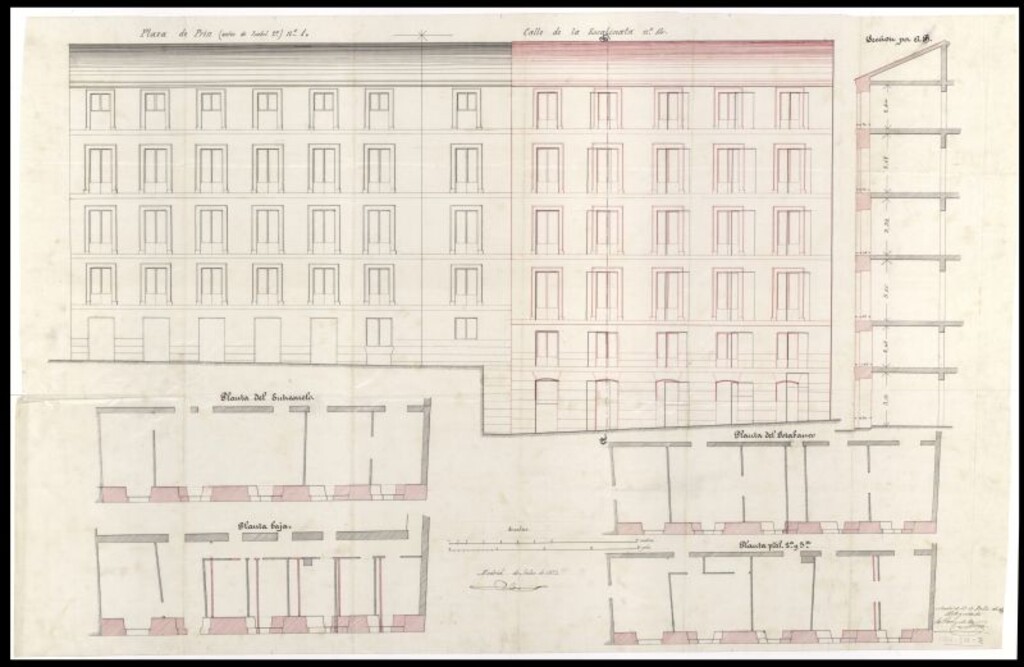 Miniatura de D. Lucas Udaeta, para reconstruir de nueva planta parte de la fachada de la casa nº 1, de la Plaza de Prin, y colocación de la correspondiente valla frente al frente de la misma.