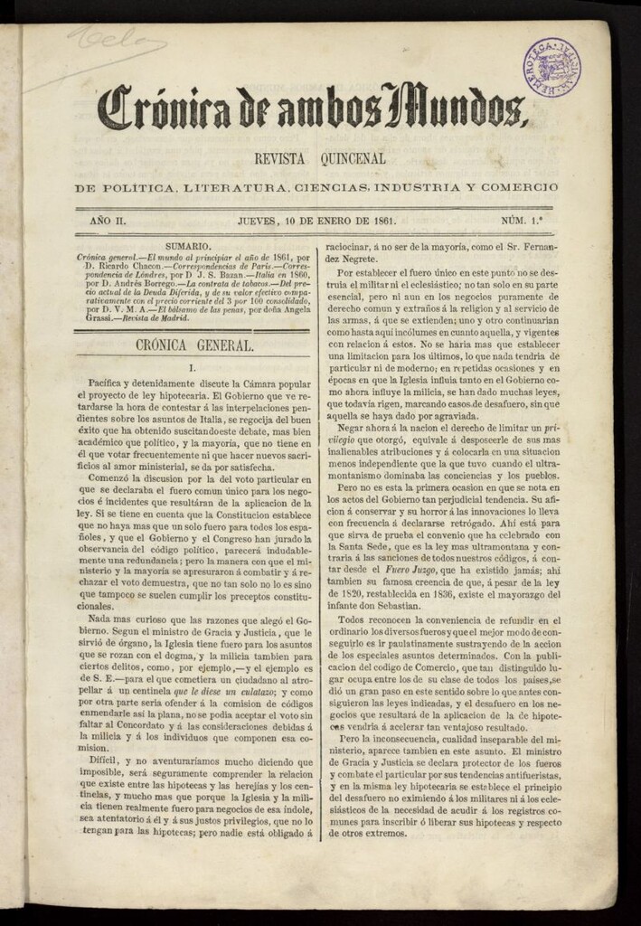 Miniatura de Crónica de ambos Mundos : revista quincenal de política, literatura, ciencias, industria y comercio