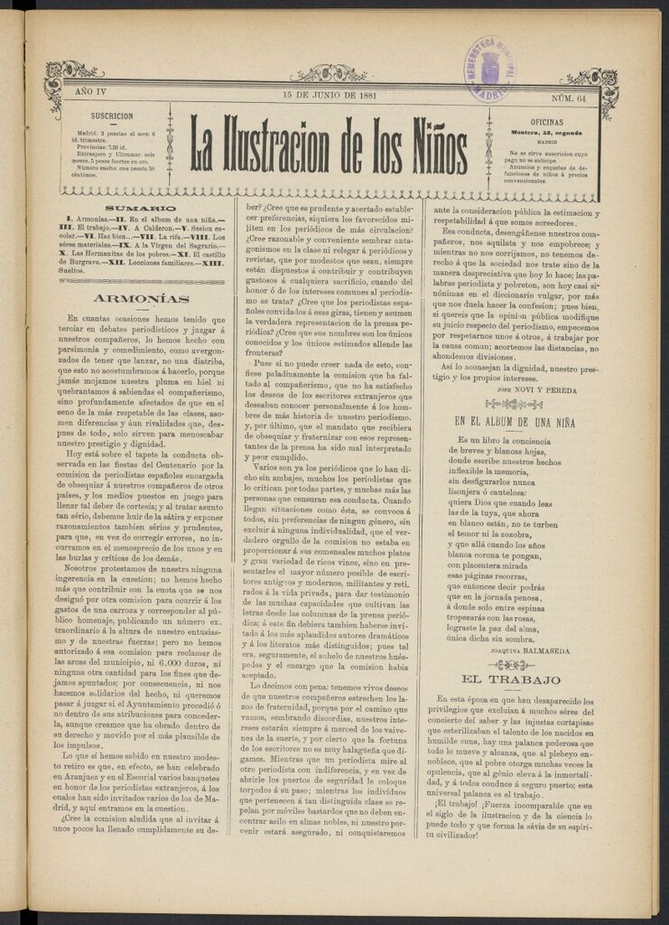 Miniatura de La Ilustración de los Niños del 15 de junio de 1881, nº 64