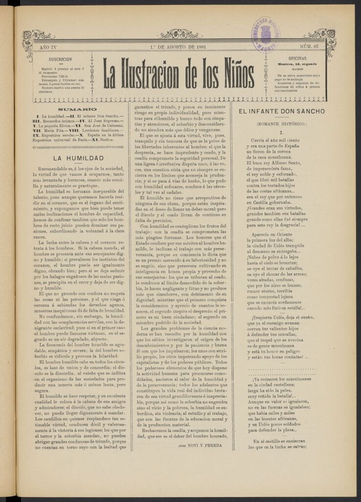 Miniatura de La Ilustración de los Niños del 1 de agosto de 1881, nº 67