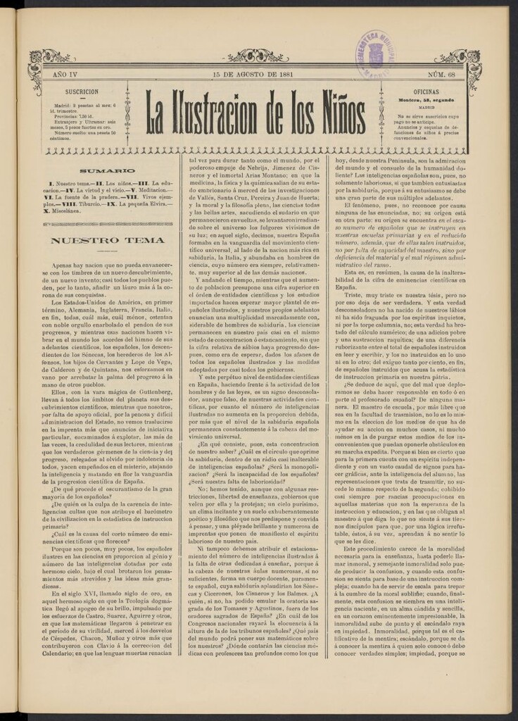 Miniatura de La Ilustración de los Niños del 15 de agosto de 1881, nº 68
