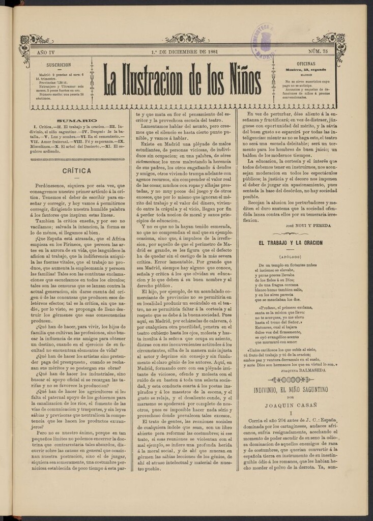 Miniatura de La Ilustración de los Niños del 1 de diciembre de 1881, nº 75