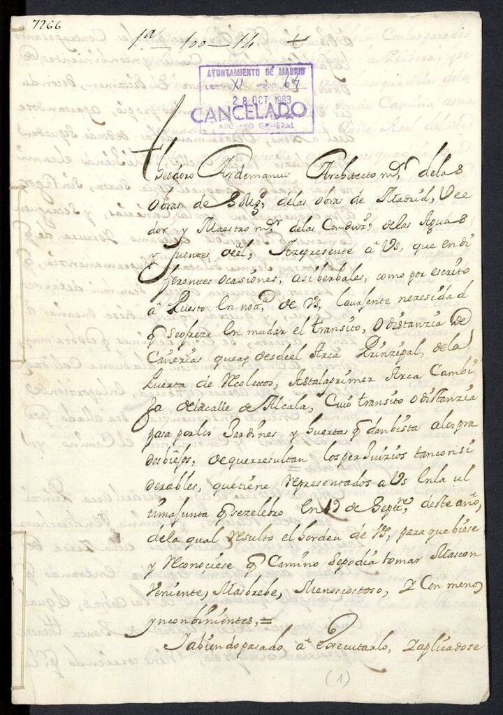 Miniatura de Expediente promovido por Teodoro Ardemans en el cual expresa la necesidad de mudar el transito y la distancia de las cañerías que van desde el arco principal de la puerta de Recoletos hasta la primera Arca Cambija de la calle Alcalá.