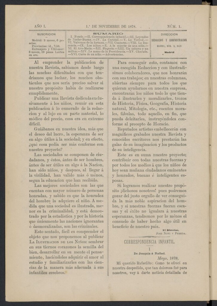 Miniatura de La Ilustración de los Niños del 1 de noviembre de 1878, nº 1