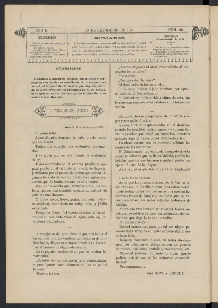 Miniatura de La Ilustración de los Niños del 15 de septiembre de 1879, nº 22