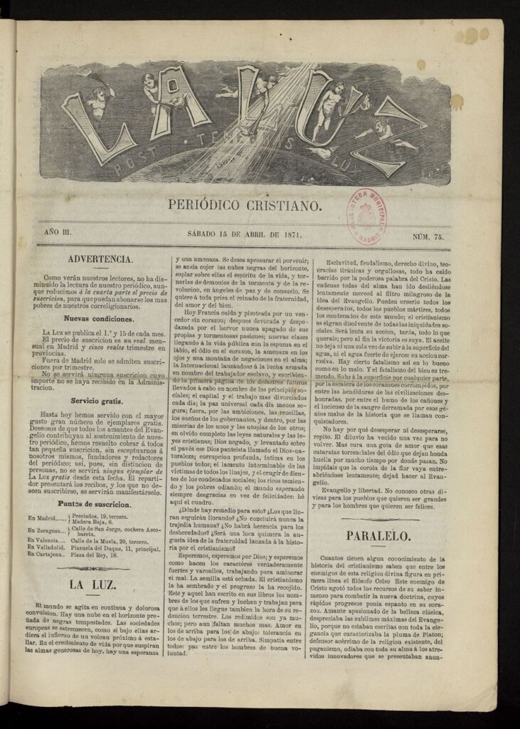 Miniatura de La Luz: post tenebras lux del 15 de abril de 1871, nº 75