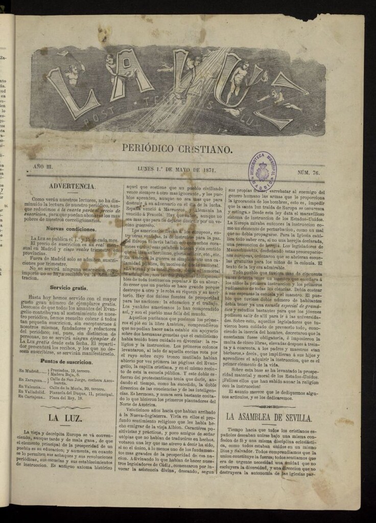 Miniatura de La Luz: post tenebras lux del 1 de mayo de 1871, nº 76