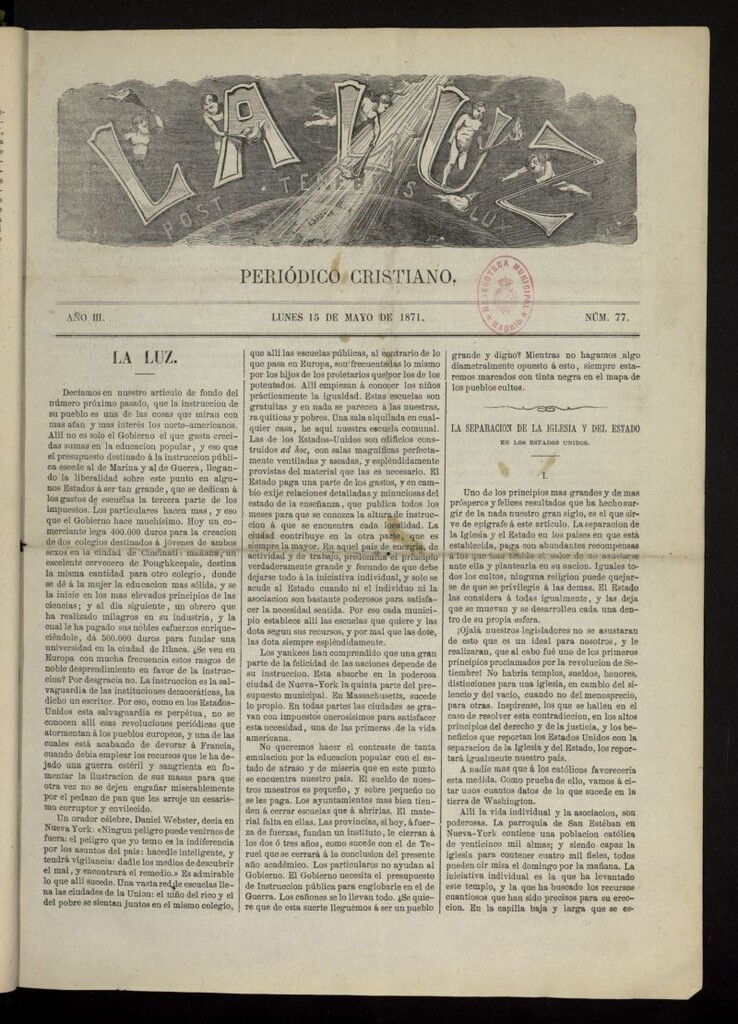 Miniatura de La Luz: post tenebras lux del 15 de mayo de 1871, nº 77