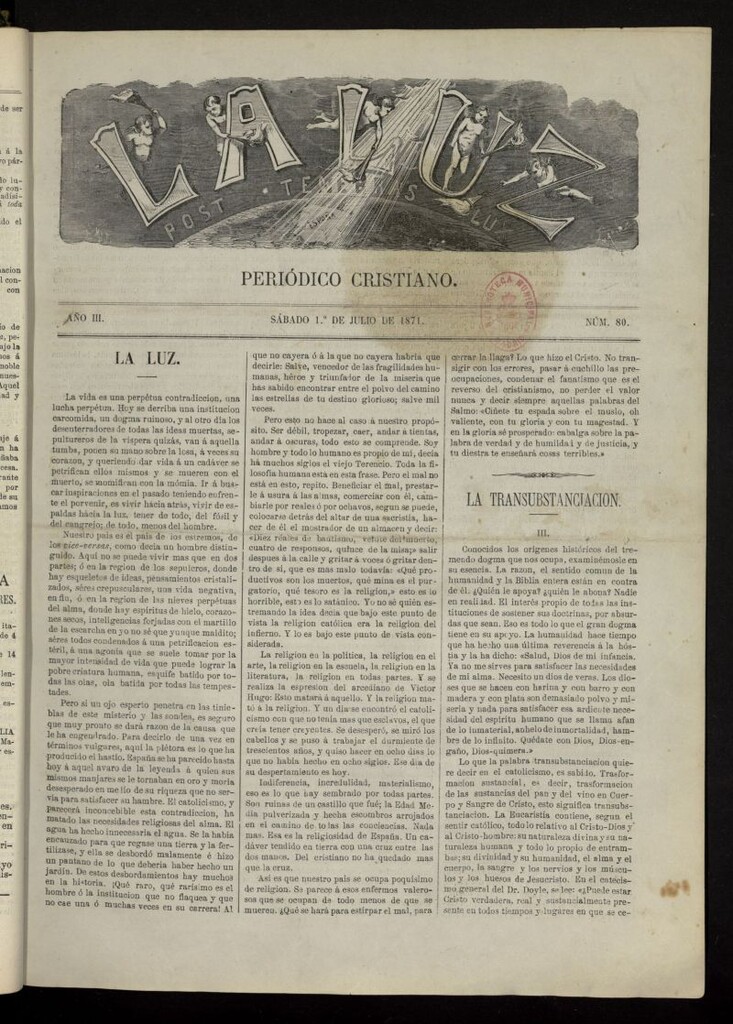 Miniatura de La Luz: post tenebras lux del 1 de julio de 1871, nº 80