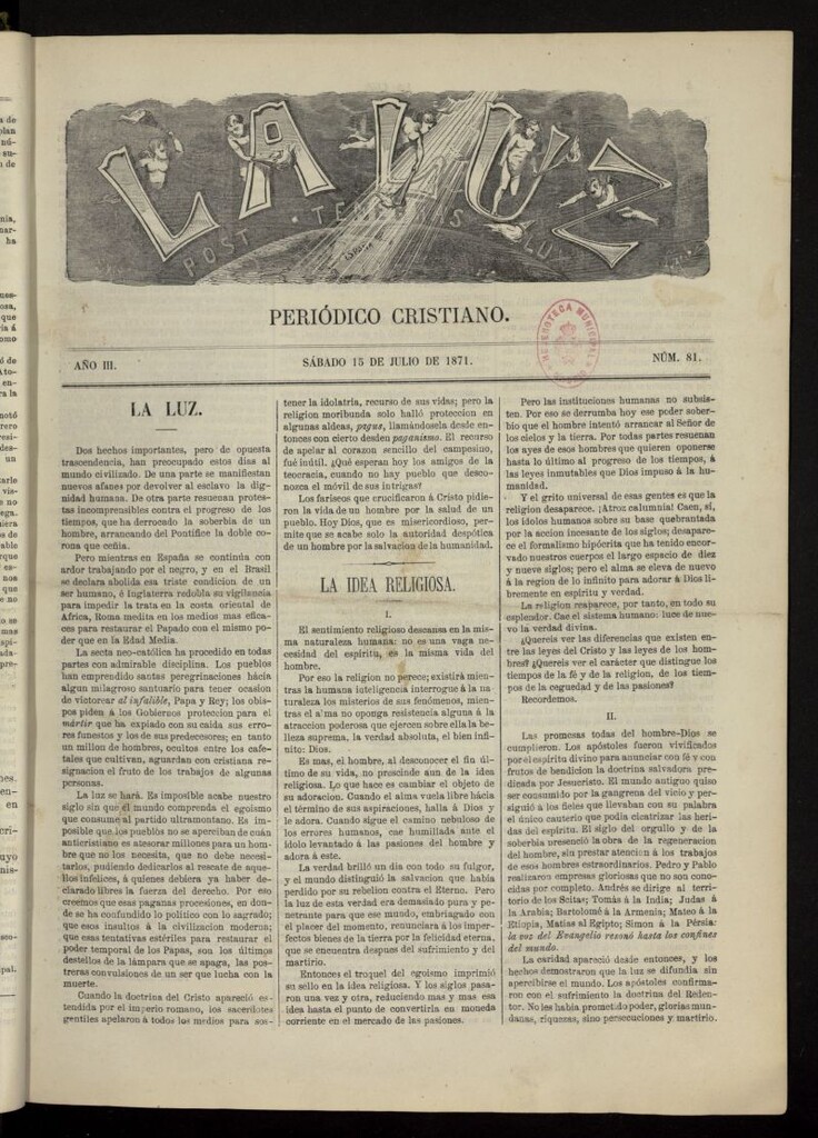 Miniatura de La Luz: post tenebras lux del 15 de julio de 1871, nº 81