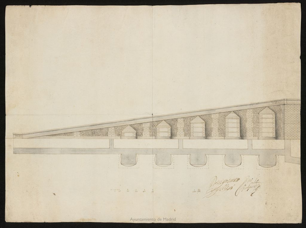 Miniatura de Proyecto para el puente de Toledo: planta y alzado generales y de la calzada
