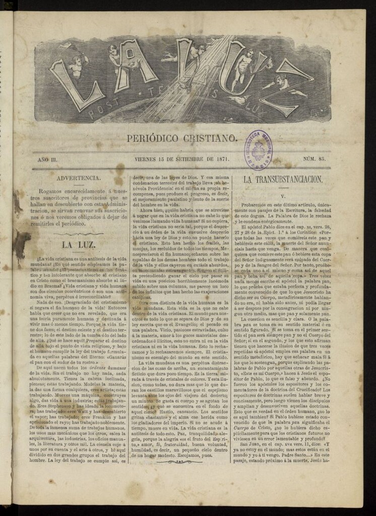 Miniatura de La Luz: post tenebras lux del 15 de septiembre de 1871, nº 85