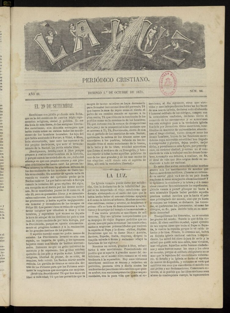 Miniatura de La Luz: post tenebras lux del 1 de octubre de 1871, nº 86