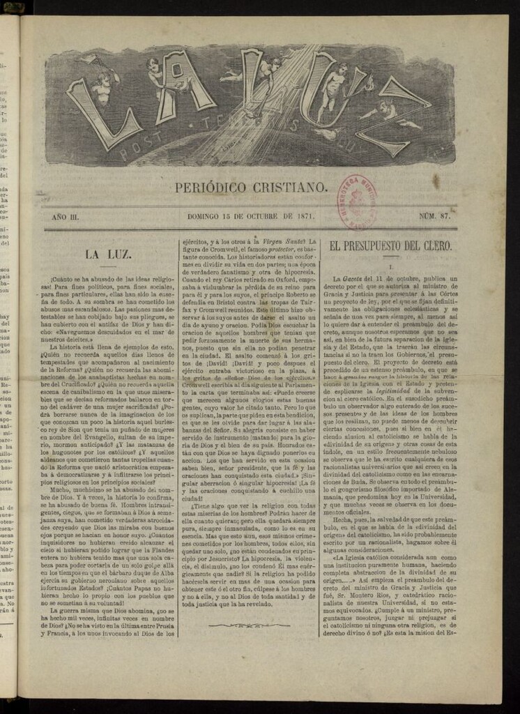 Miniatura de La Luz: post tenebras lux del 15 de octubre de 1871, nº 87