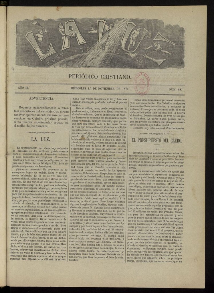 Miniatura de La Luz: post tenebras lux del 1 de noviembre de 1871, nº 88