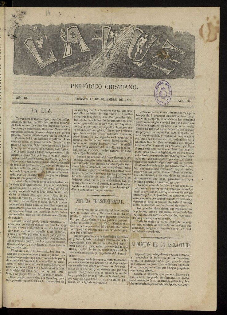 Miniatura de La Luz: post tenebras lux del 1 de diciembre de 1871, nº 90
