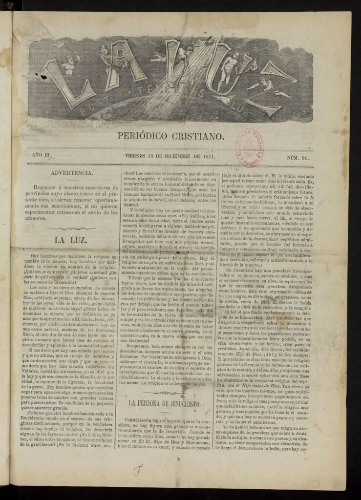 Miniatura de La Luz: post tenebras lux del 15 de diciembre de 1871, nº 91
