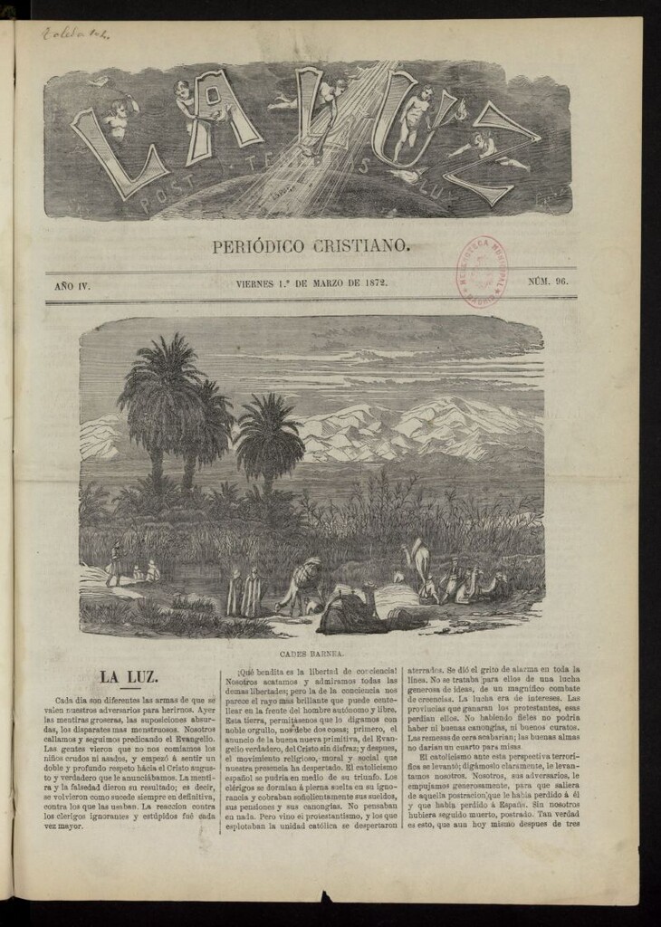 Miniatura de La Luz: post tenebras lux del 1 de marzo de 1872, nº 96
