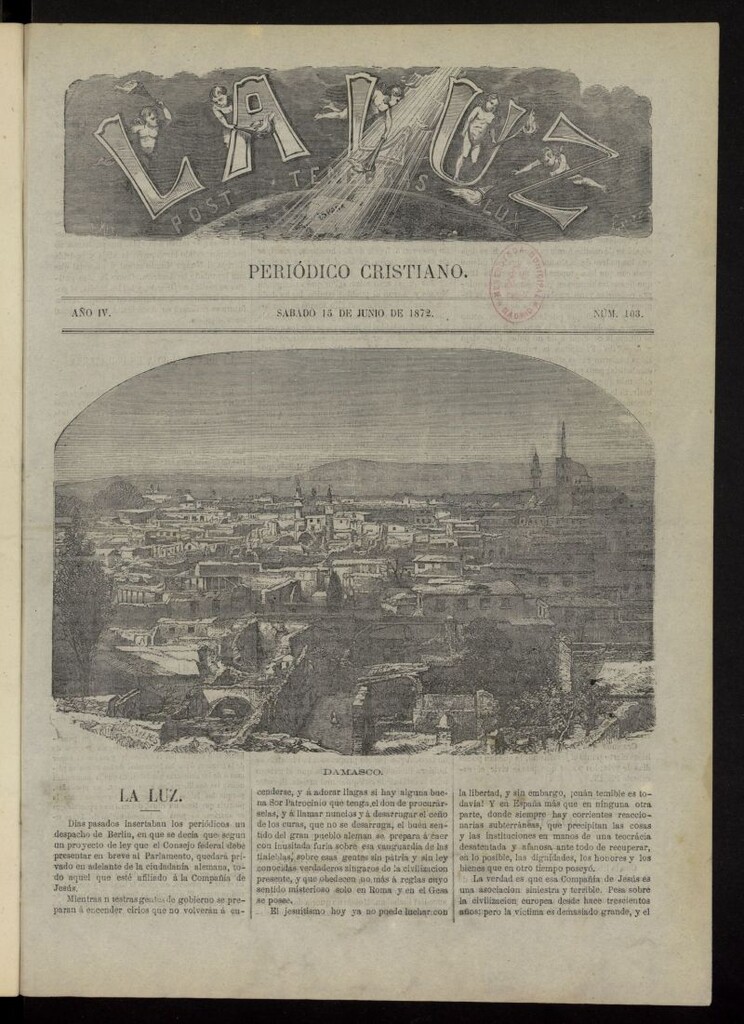Miniatura de La Luz: post tenebras lux del 15 de junio de 1872, nº 103