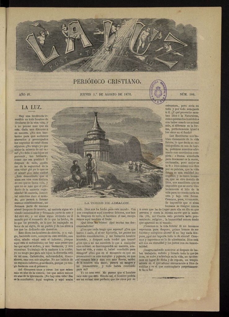 Miniatura de La Luz: post tenebras lux del 1 de agosto de 1872, nº 106