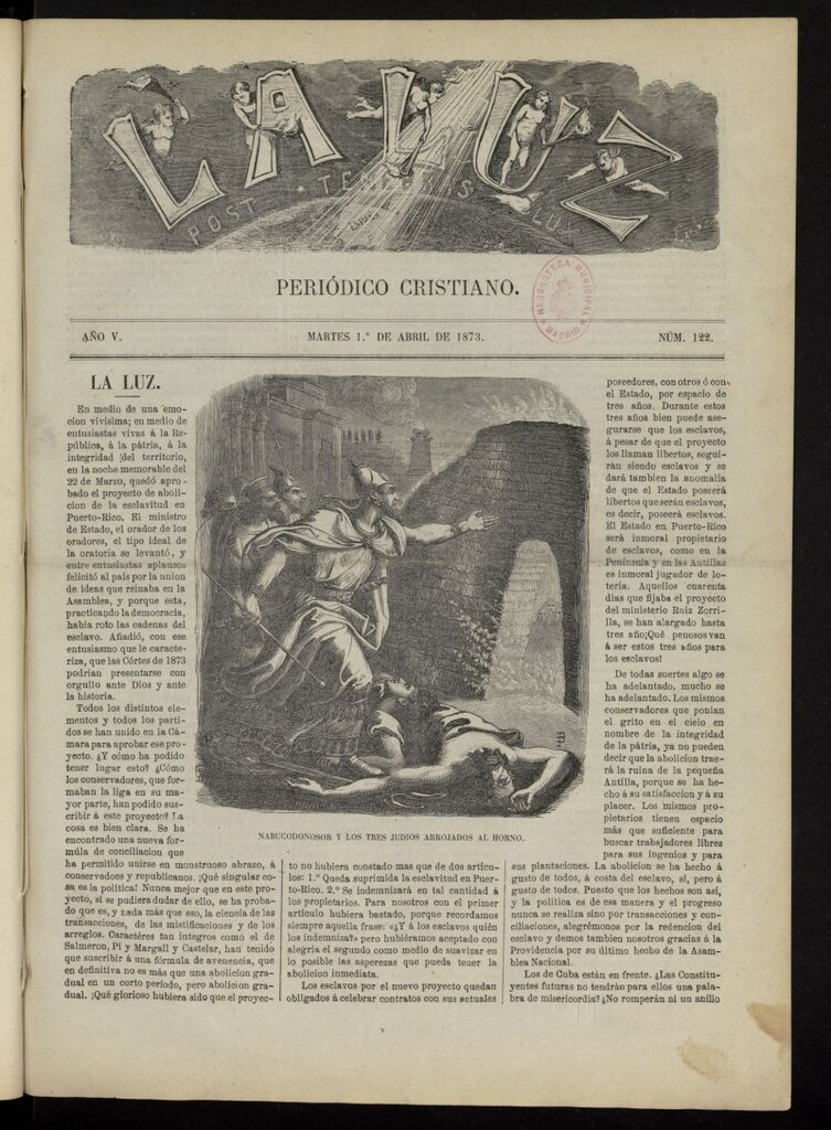 Miniatura de La Luz: post tenebras lux del 1 de abril de 1873, nº 122