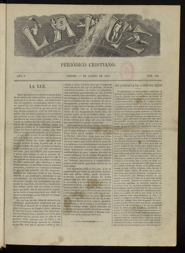 Miniatura de La Luz: post tenebras lux del 1 de agosto de 1873, nº 130