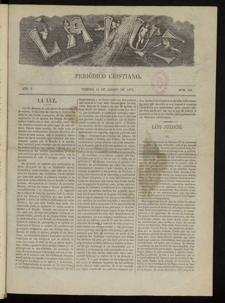 Miniatura de La Luz: post tenebras lux del 15 de agosto de 1873, nº 131
