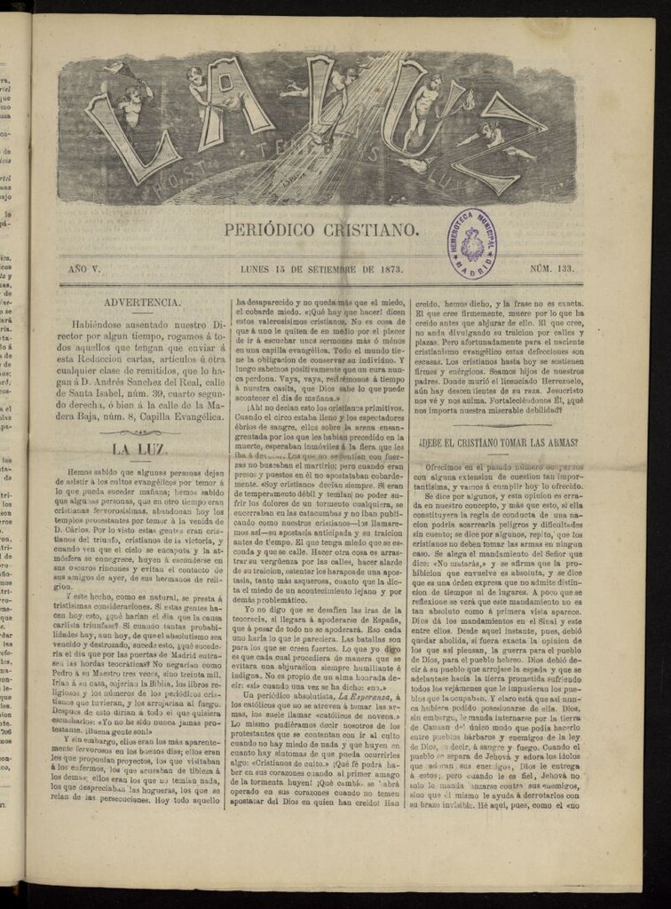 Miniatura de La Luz: post tenebras lux del 15 de septiembre de 1873, nº 133
