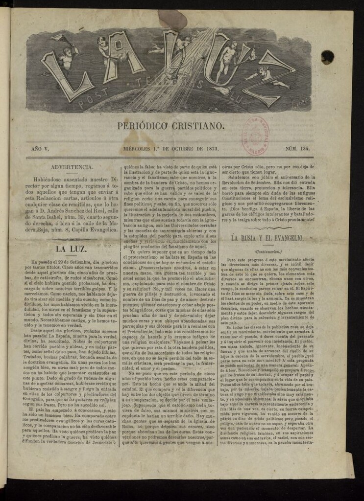 Miniatura de La Luz: post tenebras lux del 1 de octubre de 1873, nº 134