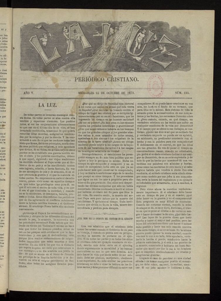 Miniatura de La Luz: post tenebras lux del 15 de octubre de 1873, nº 135
