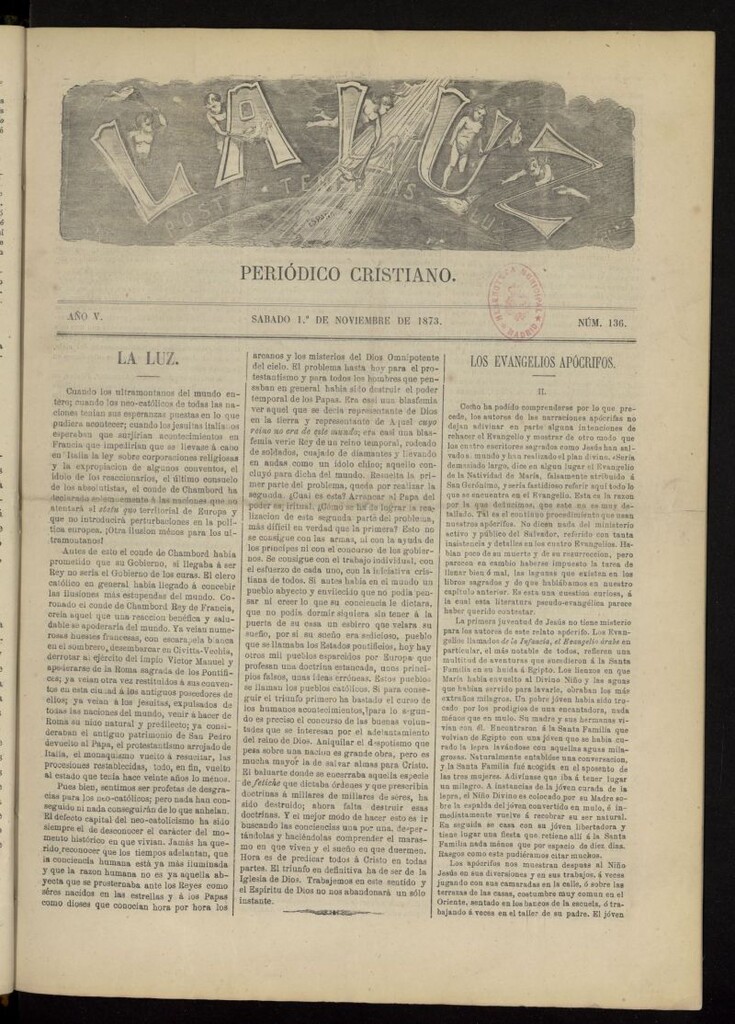 Miniatura de La Luz: post tenebras lux del 1 de noviembre de 1873, nº 136