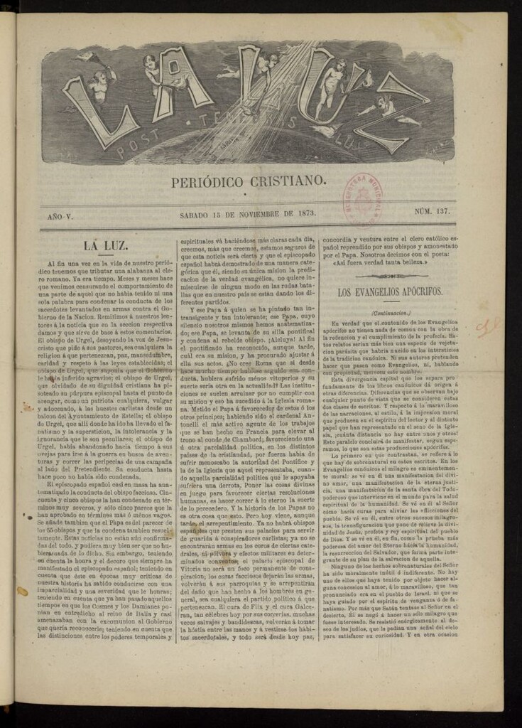 Miniatura de La Luz: post tenebras lux del 15 de noviembre de 1873, nº 137