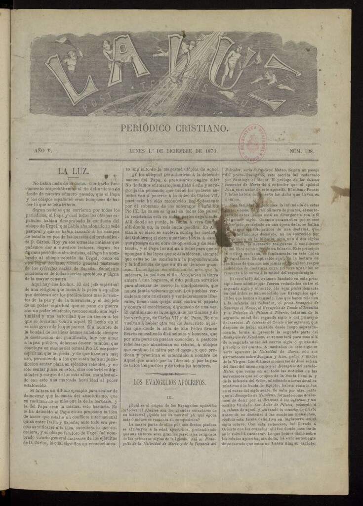 Miniatura de La Luz: post tenebras lux del 1 de diciembre de 1873, nº 138