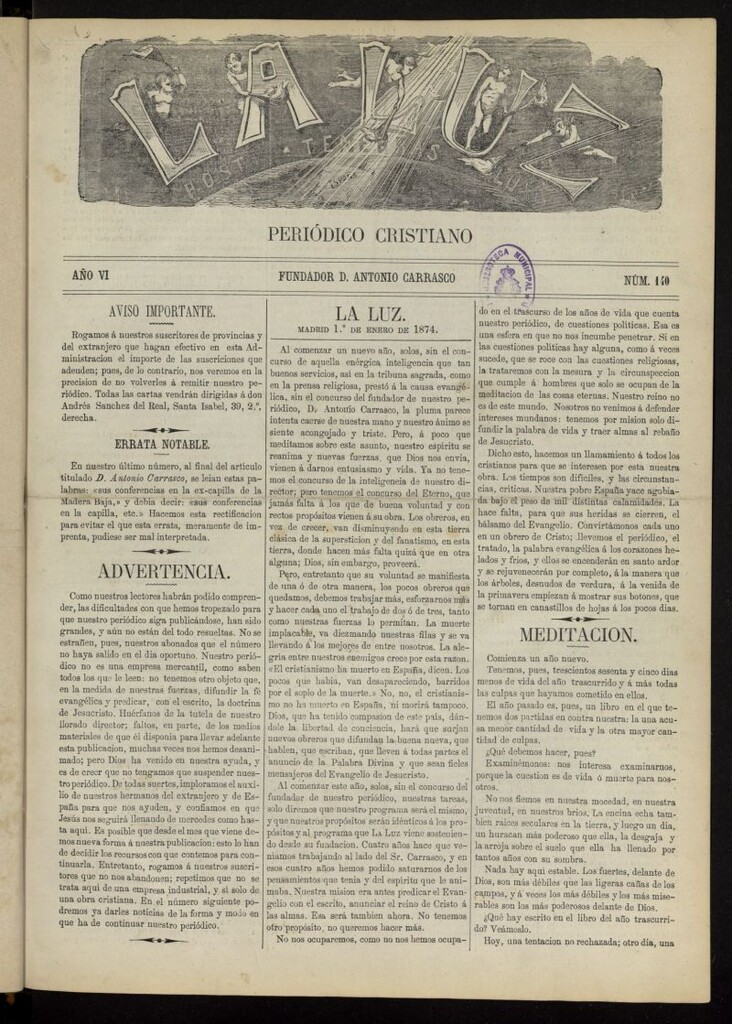 Miniatura de La Luz: post tenebras lux del 1 de enero de 1874, nº 140