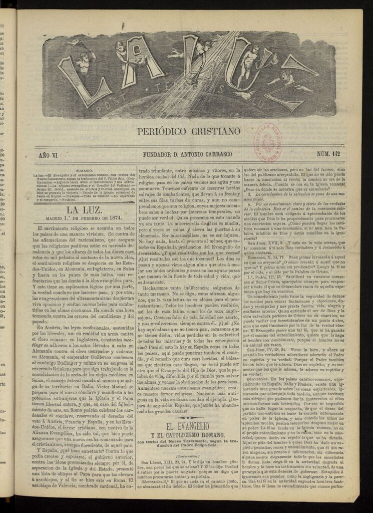 Miniatura de La Luz: post tenebras lux del 1 de febrero de 1874, nº 142