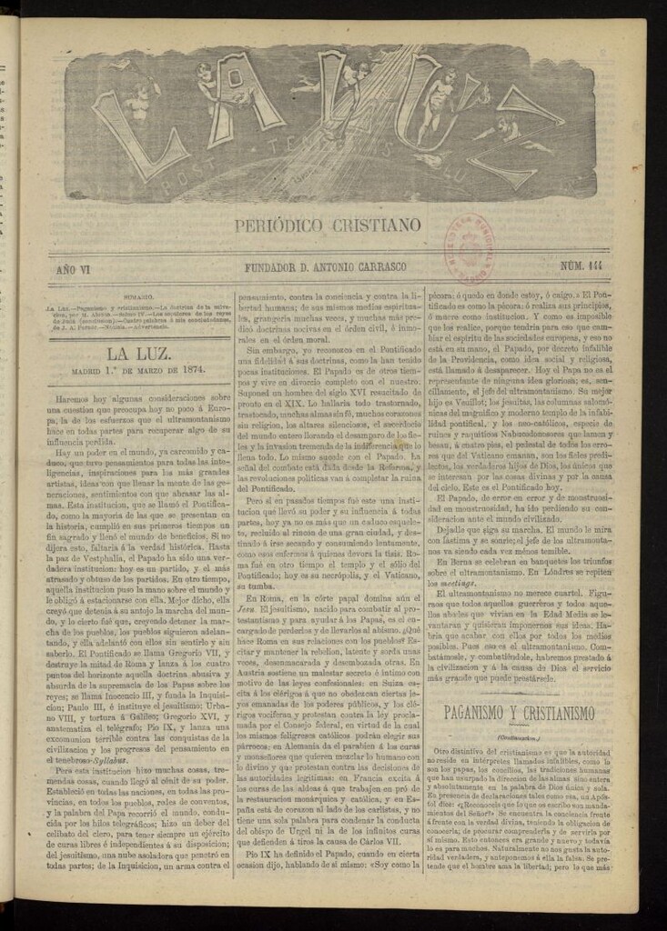 Miniatura de La Luz: post tenebras lux del 1 de marzo de 1874, nº 144